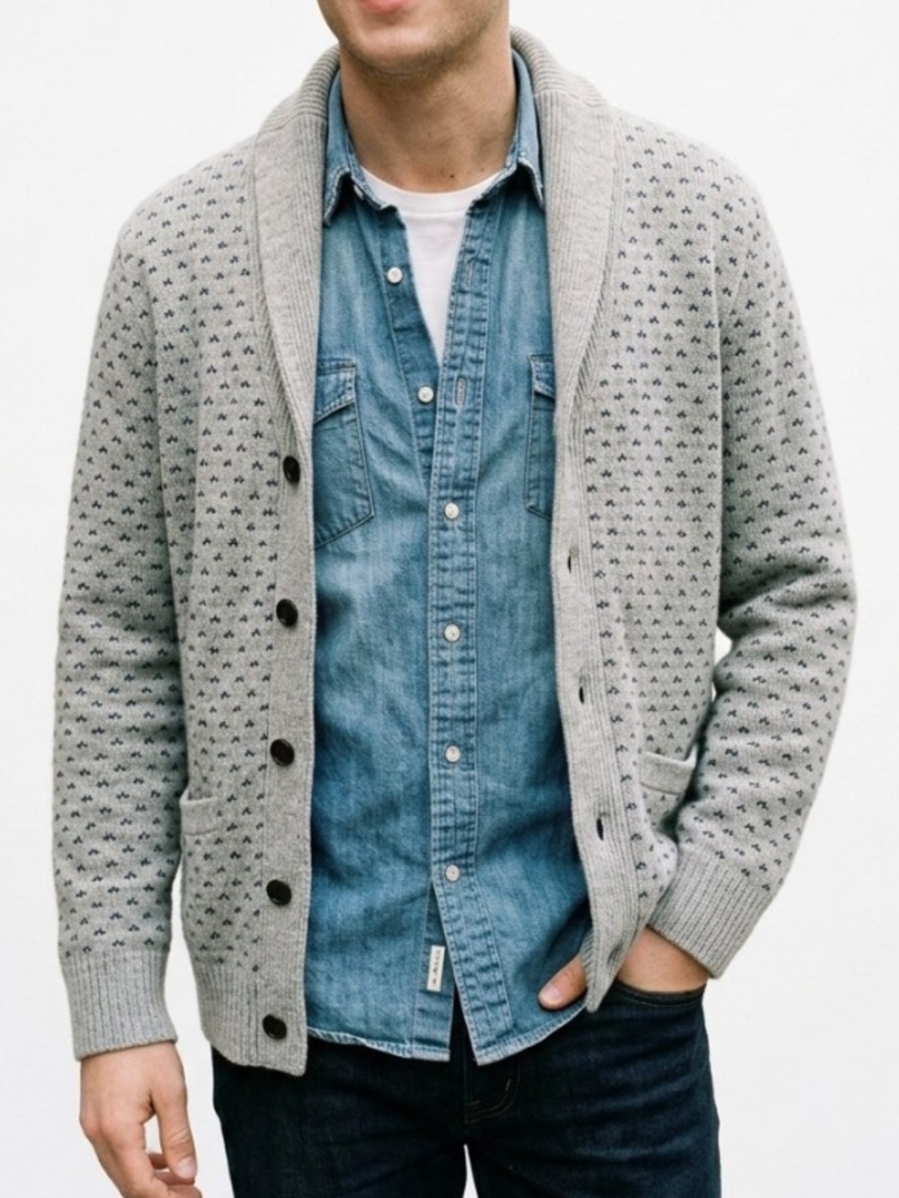 J. Crew Wool Shawl Collar Cardigan Men’s Medium Grey Birds Eye Preppy Cabincore